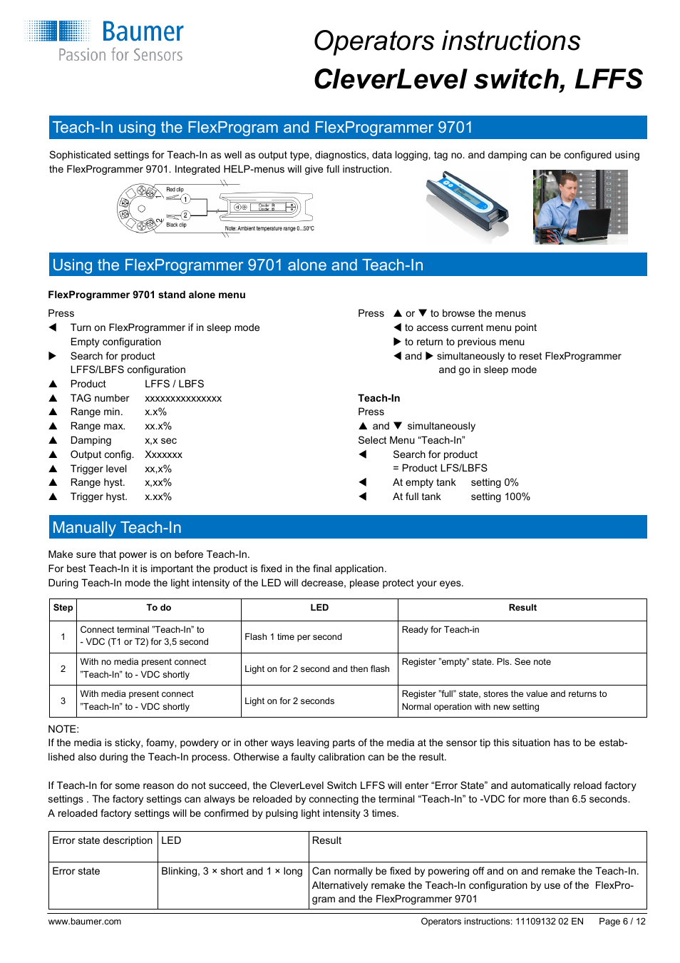 Operators instructions cleverlevel switch, lffs, Manually teach-in, Using the flexprogrammer 9701 alone and teach-in | Baumer CleverLevel - LFFS User Manual | Page 6 / 12