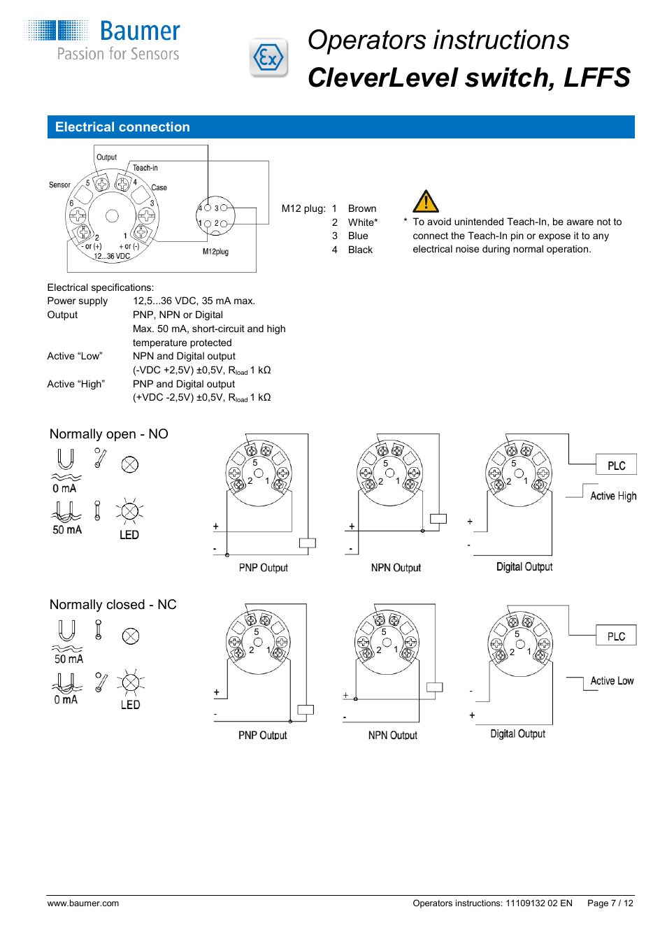Operators instructions cleverlevel switch, lffs, Electrical connection, Normally open - no normally closed - nc | Baumer CleverLevel - LFFS User Manual | Page 7 / 12
