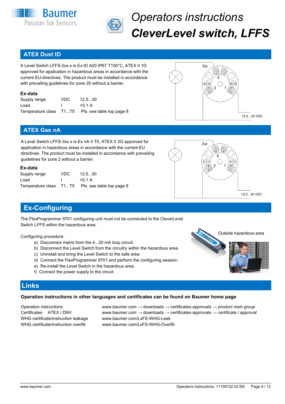 Operators instructions cleverlevel switch, lffs, Ex-configuring, Links | Atex dust td, Atex gas na | Baumer CleverLevel - LFFS User Manual | Page 9 / 12
