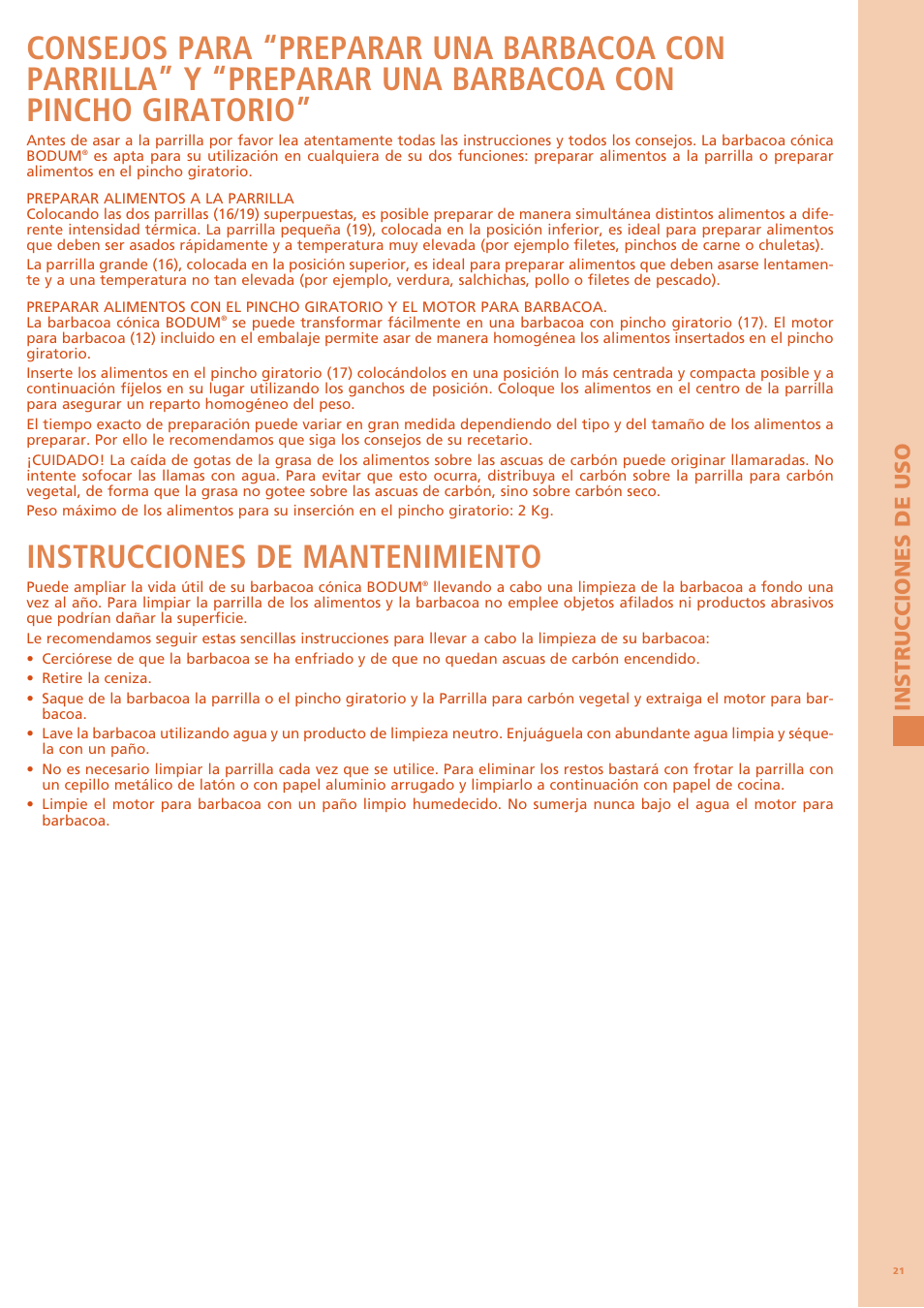 Instrucciones de mantenimiento, Instrucciones de uso | Bodum FYRKAT 11344 User Manual | Page 25 / 46
