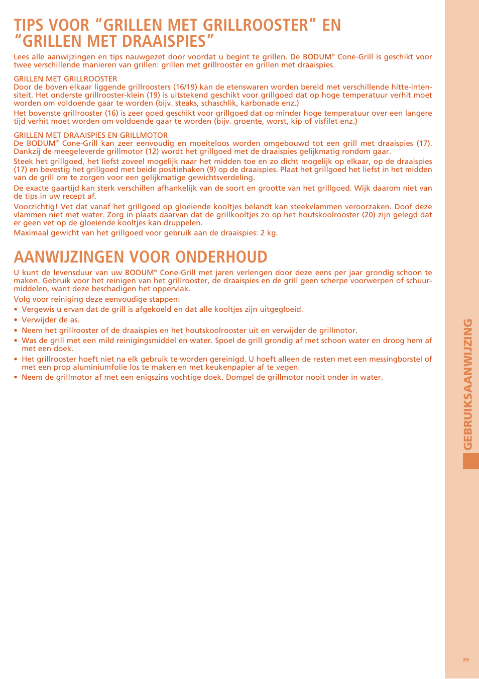 Aanwijzingen voor onderhoud, Gebruiksaan w ijz ing | Bodum FYRKAT 11344 User Manual | Page 33 / 46