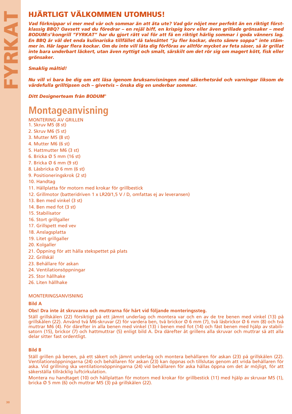 Fyrkat, Montageanvisning, Hjärtligt välkommen utomhus | Bodum FYRKAT 11344 User Manual | Page 34 / 46