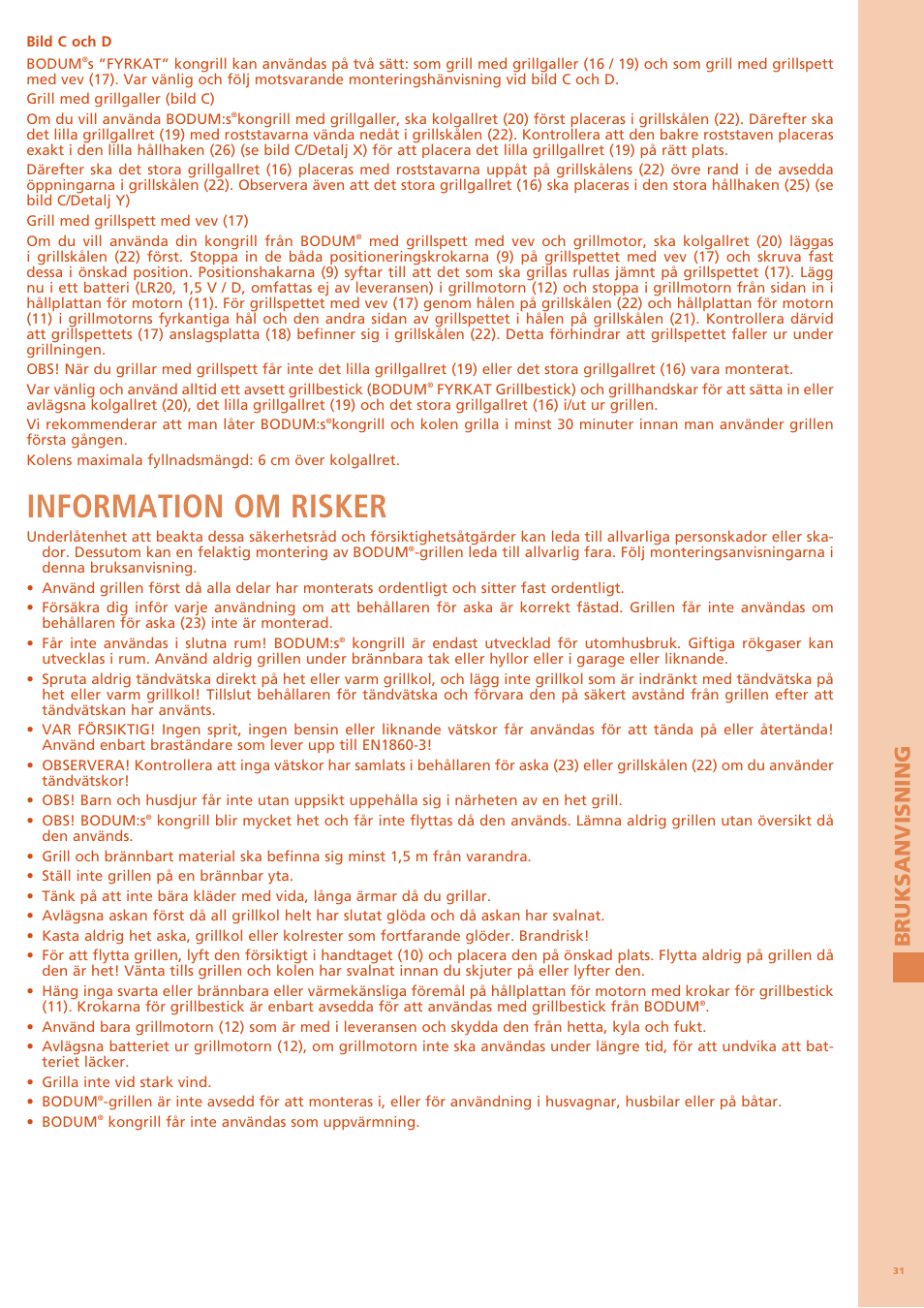 Information om risker, Bruksanvisning | Bodum FYRKAT 11344 User Manual | Page 35 / 46
