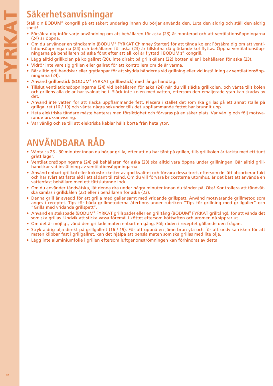 Fyrkat, Säkerhetsanvisningar, Användbara råd | Bodum FYRKAT 11344 User Manual | Page 36 / 46