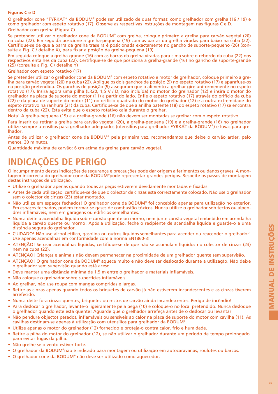 Indicações de perigo, Manual de instruções | Bodum FYRKAT 11344 User Manual | Page 39 / 46
