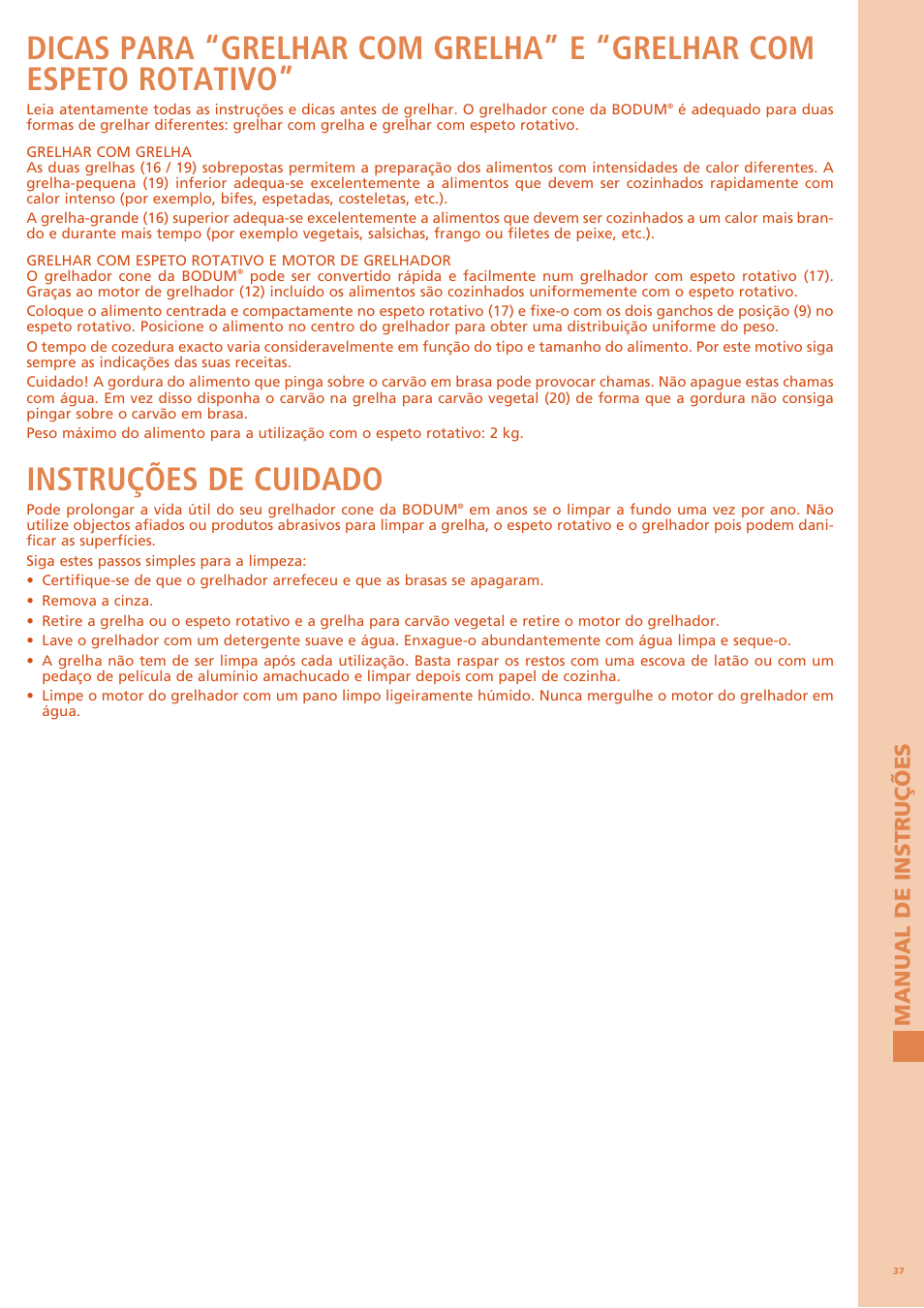 Instruções de cuidado, Manual de instruções | Bodum FYRKAT 11344 User Manual | Page 41 / 46