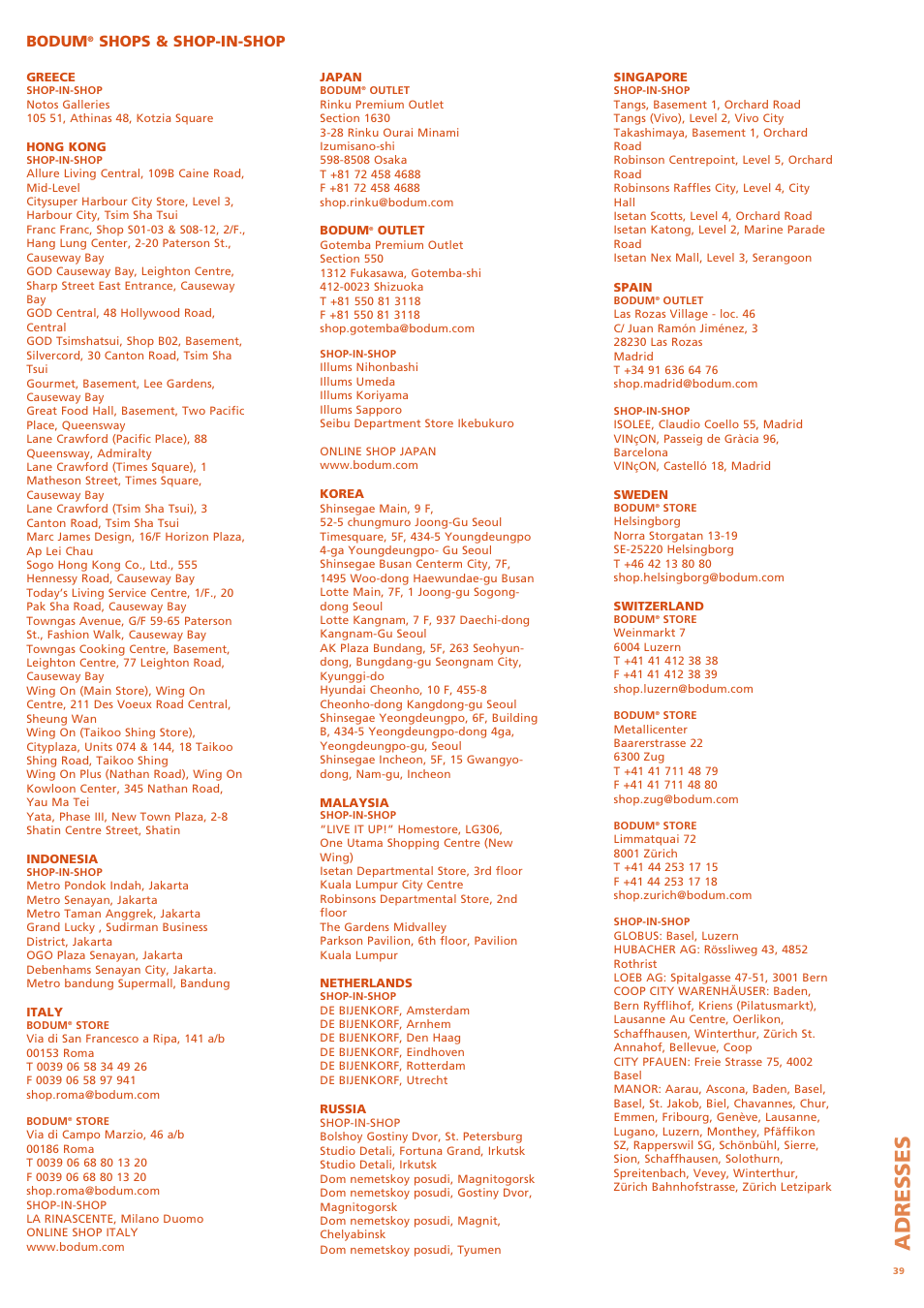 Adresses, Bodum, Shops & shop-in-shop | Bodum FYRKAT 11344 User Manual | Page 43 / 46