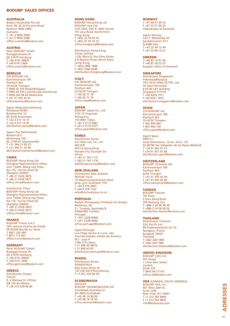 Adresses, Bodum, Sales offices | Bodum FYRKAT 11344 User Manual | Page 45 / 46
