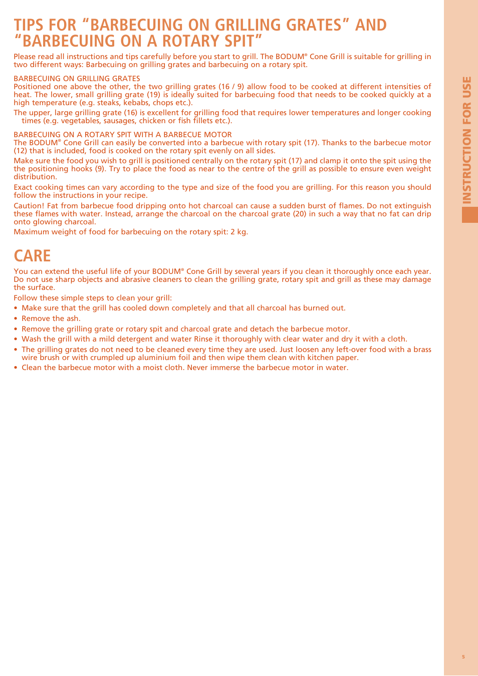 Care, Instruction for use | Bodum FYRKAT 11344 User Manual | Page 9 / 46