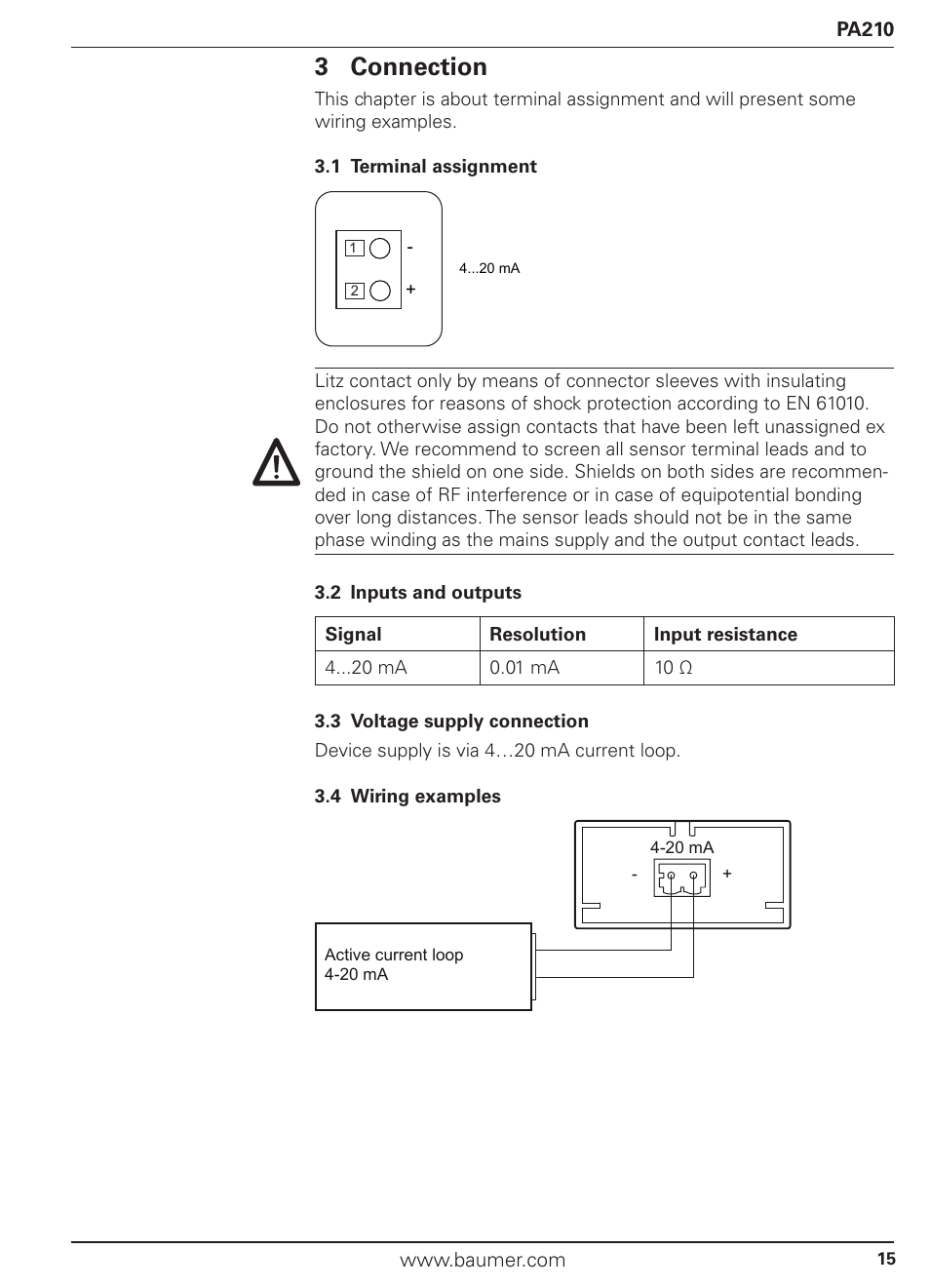 3 connection | Baumer PA210 User Manual | Page 15 / 29