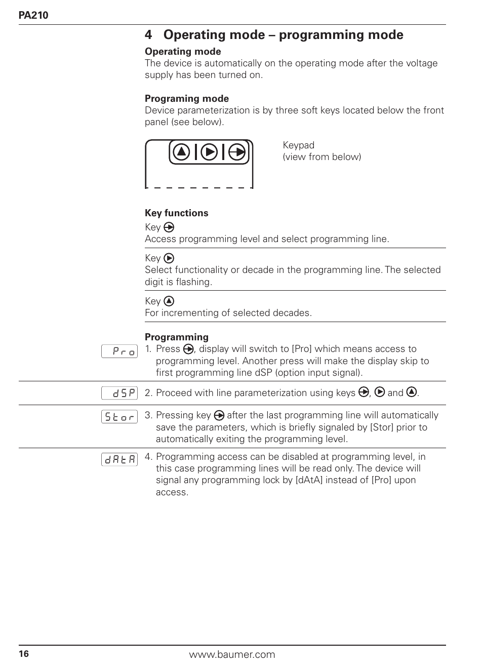 4 operating mode – programming mode | Baumer PA210 User Manual | Page 16 / 29