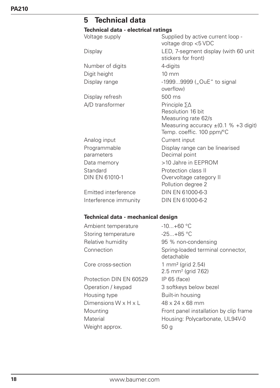 5 technical data | Baumer PA210 User Manual | Page 18 / 29