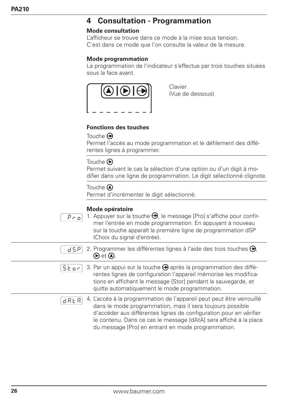 4 consultation - programmation | Baumer PA210 User Manual | Page 26 / 29