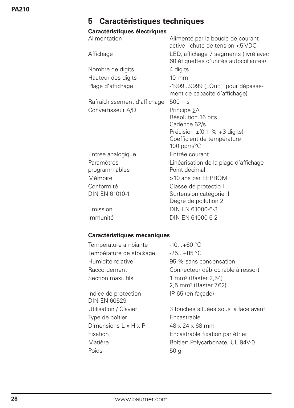 5 caractéristiques techniques | Baumer PA210 User Manual | Page 28 / 29