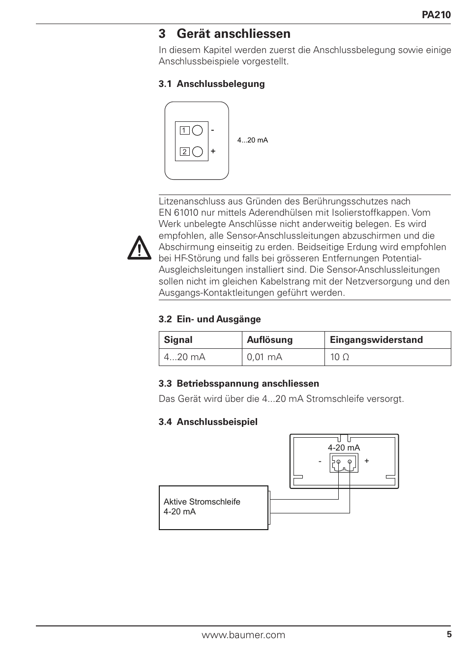 3 gerät anschliessen | Baumer PA210 User Manual | Page 5 / 29