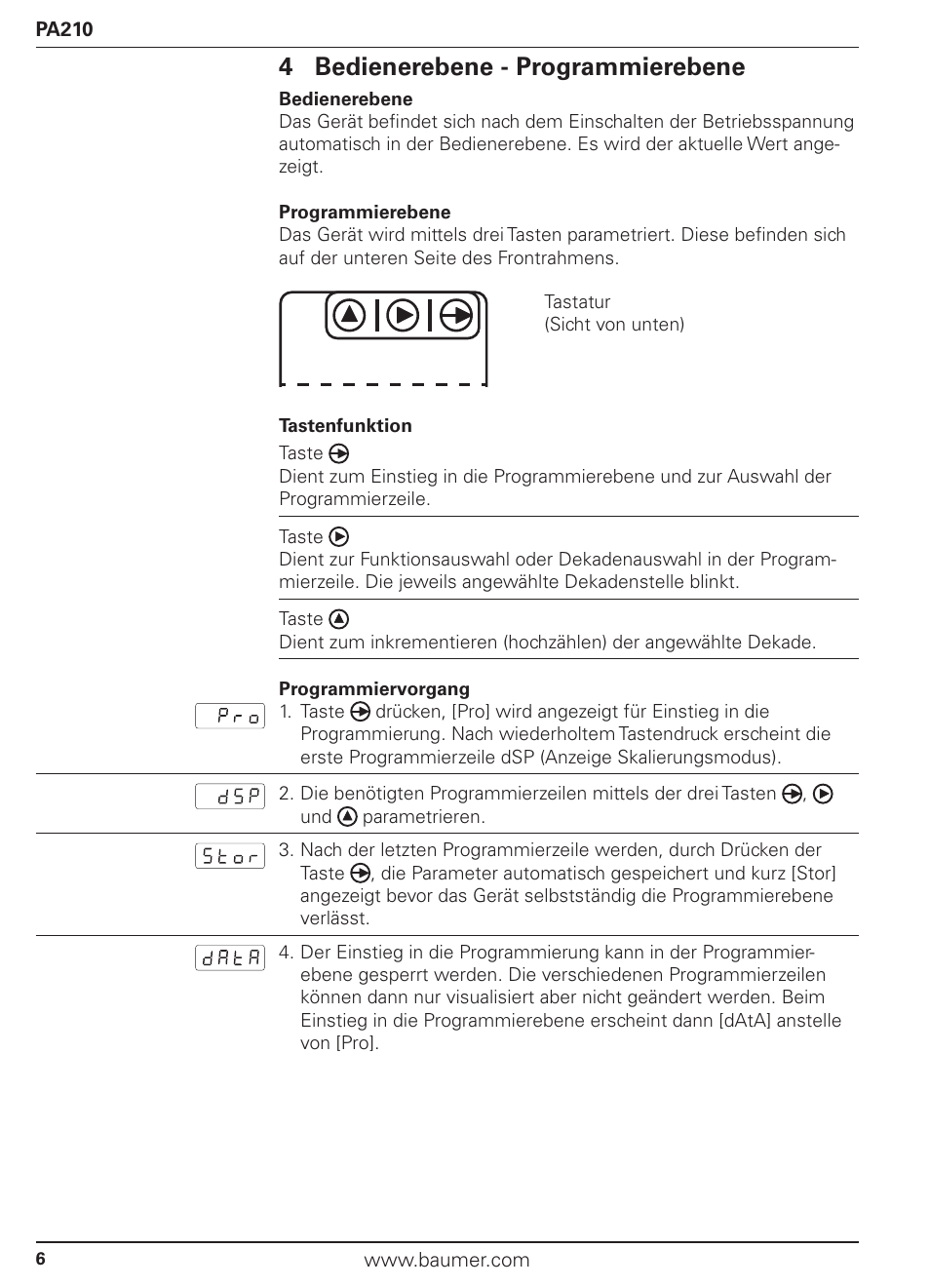 4 bedienerebene - programmierebene | Baumer PA210 User Manual | Page 6 / 29