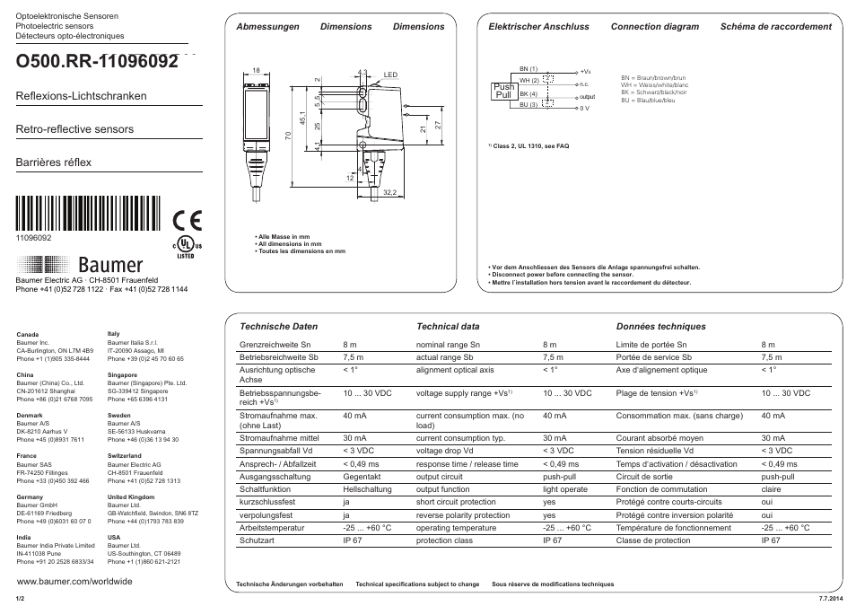 Baumer O500.RR-GL1Z.72CU User Manual | 2 pages