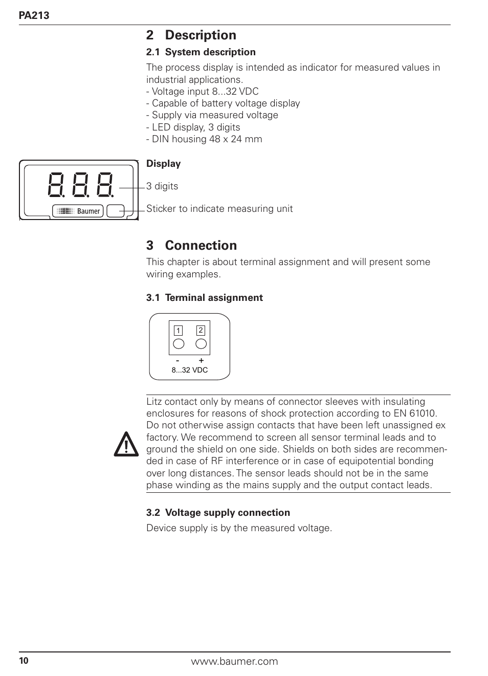 2 description, 3 connection | Baumer PA213 User Manual | Page 10 / 18