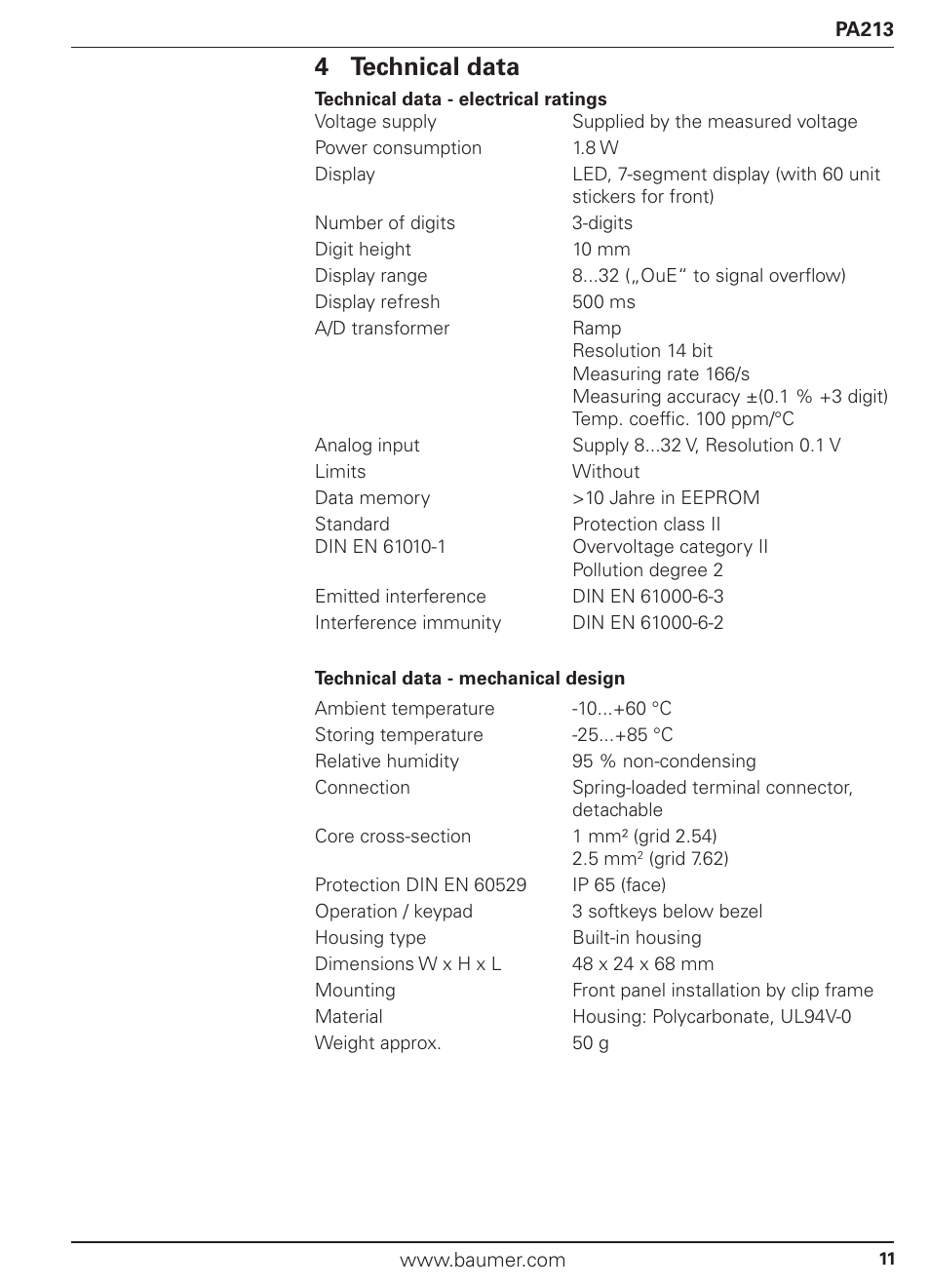 4 technical data | Baumer PA213 User Manual | Page 11 / 18