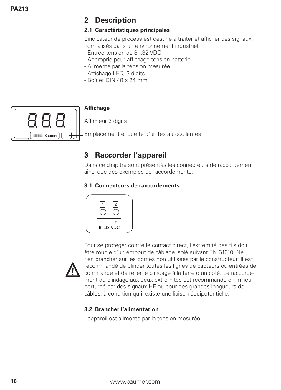 2 description, 3 raccorder l‘appareil | Baumer PA213 User Manual | Page 16 / 18