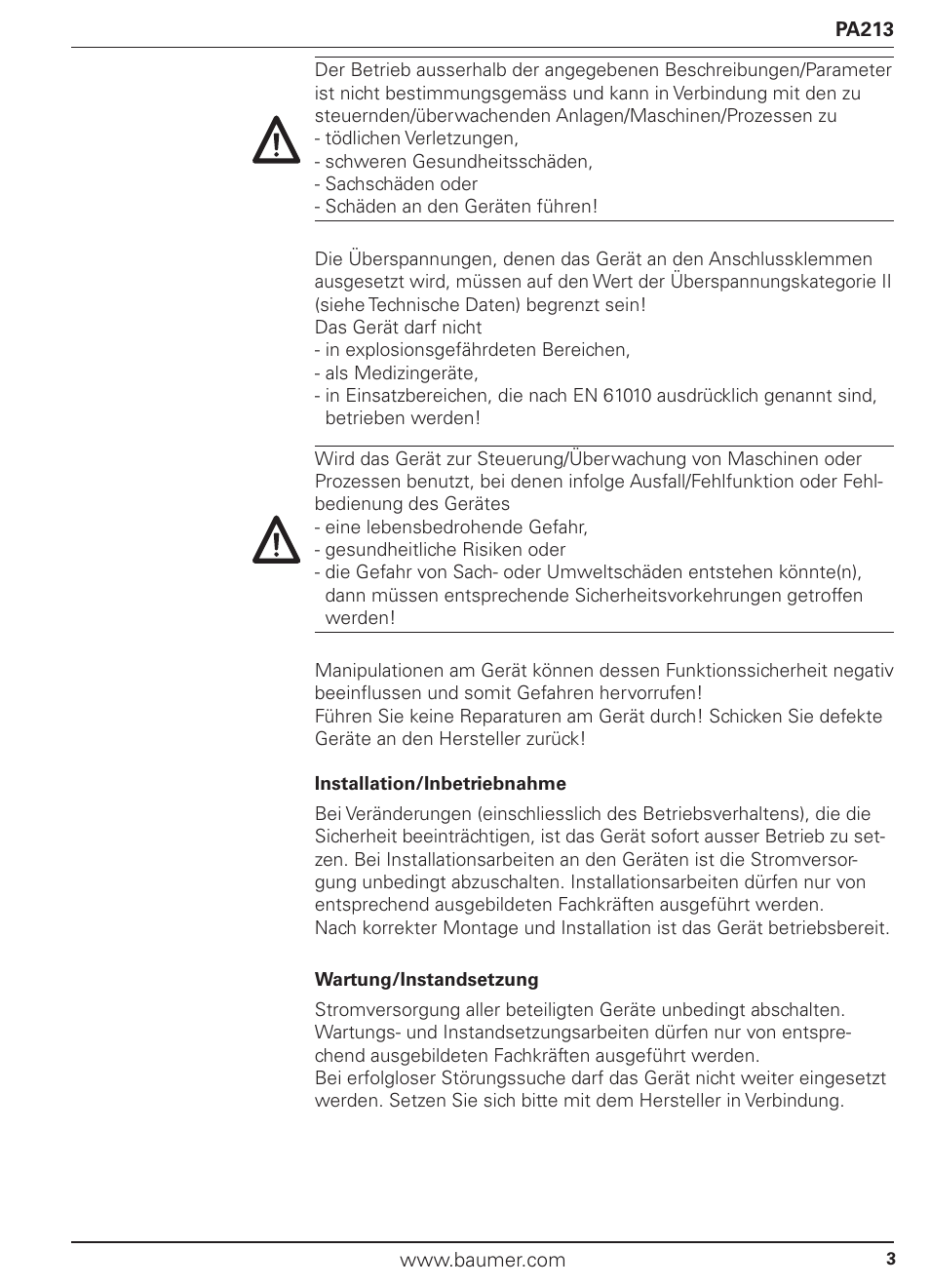 Baumer PA213 User Manual | Page 3 / 18