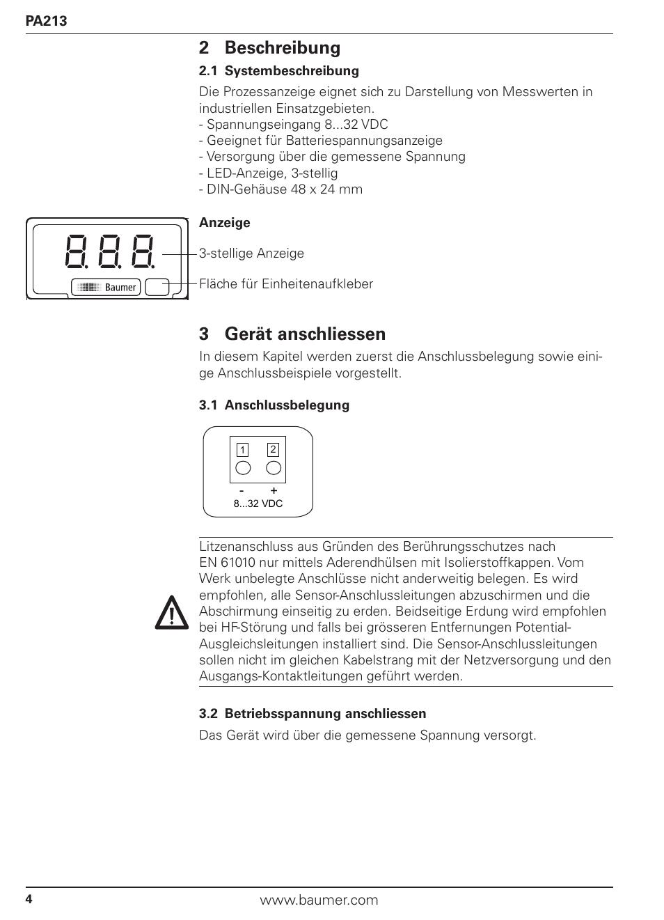 2 beschreibung, 3 gerät anschliessen | Baumer PA213 User Manual | Page 4 / 18