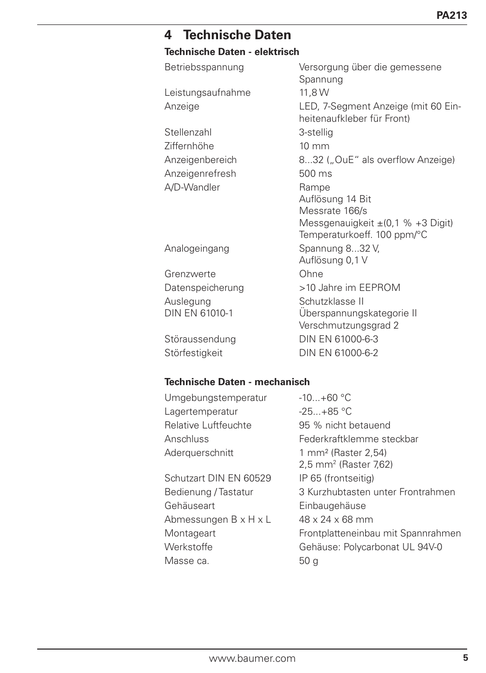 4 technische daten | Baumer PA213 User Manual | Page 5 / 18