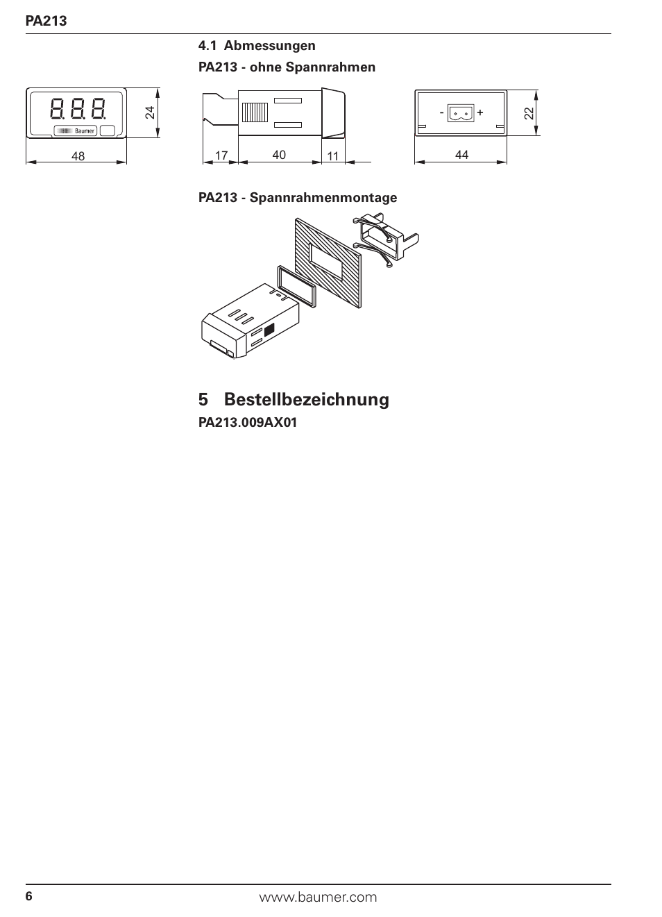 5 bestellbezeichnung | Baumer PA213 User Manual | Page 6 / 18