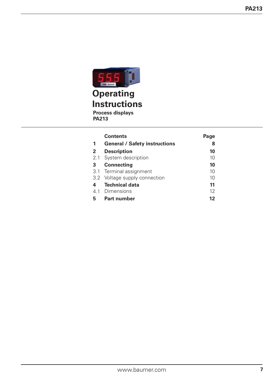 Operating instructions | Baumer PA213 User Manual | Page 7 / 18