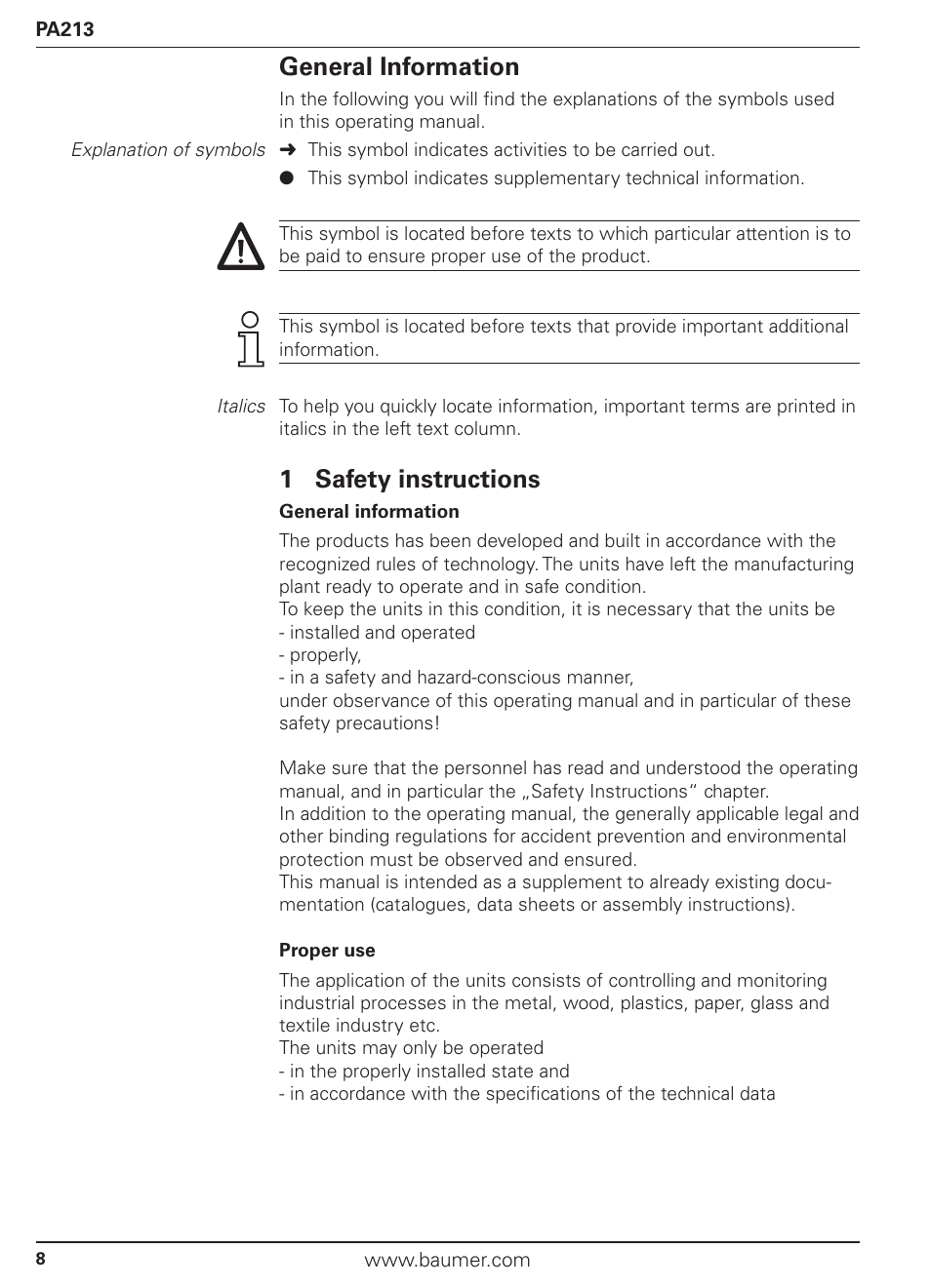 General information, 1 safety instructions | Baumer PA213 User Manual | Page 8 / 18