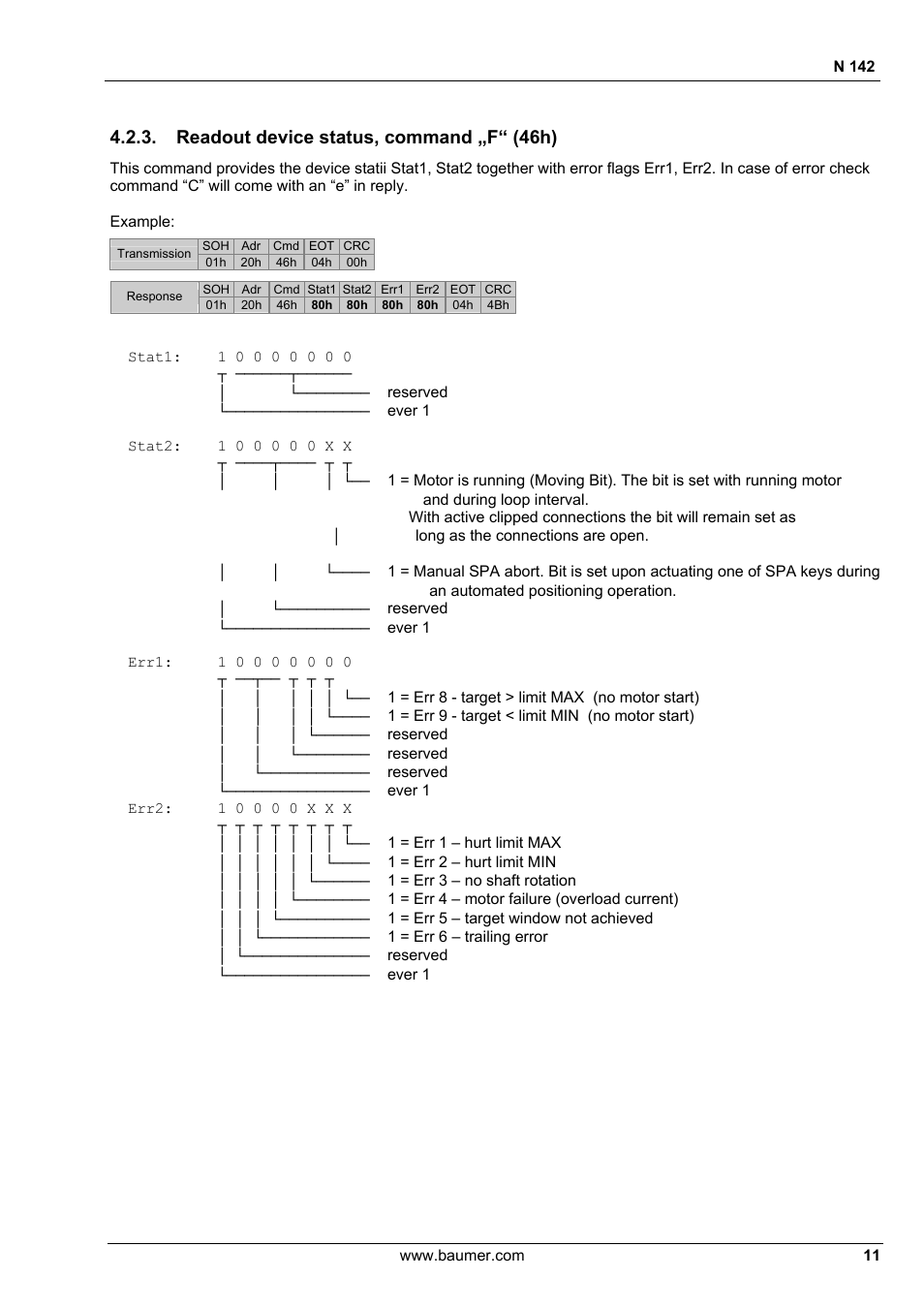 Readout device status, command „f“ (46h) | Baumer N 142 User Manual | Page 11 / 32