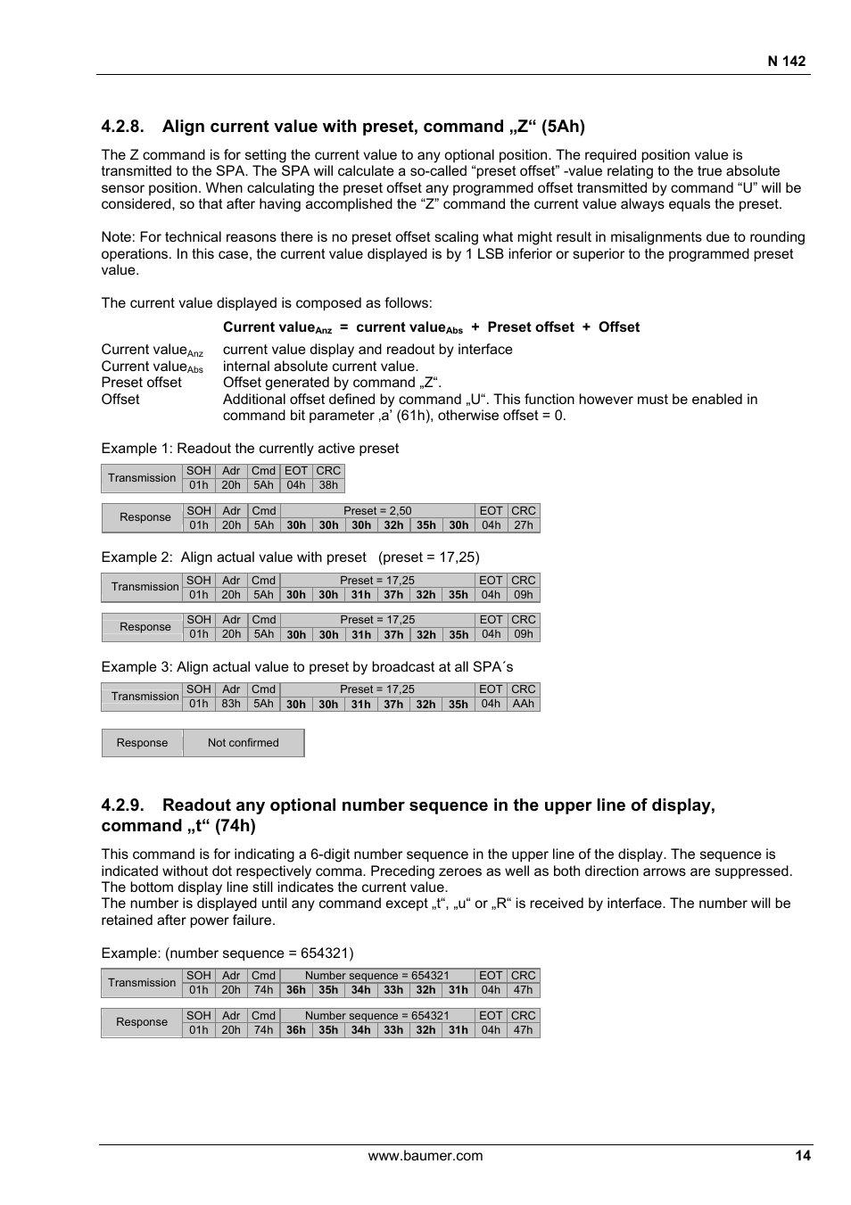 Align current value with preset, command „z“ (5ah), N 142, Current value | Preset offset + offset | Baumer N 142 User Manual | Page 14 / 32