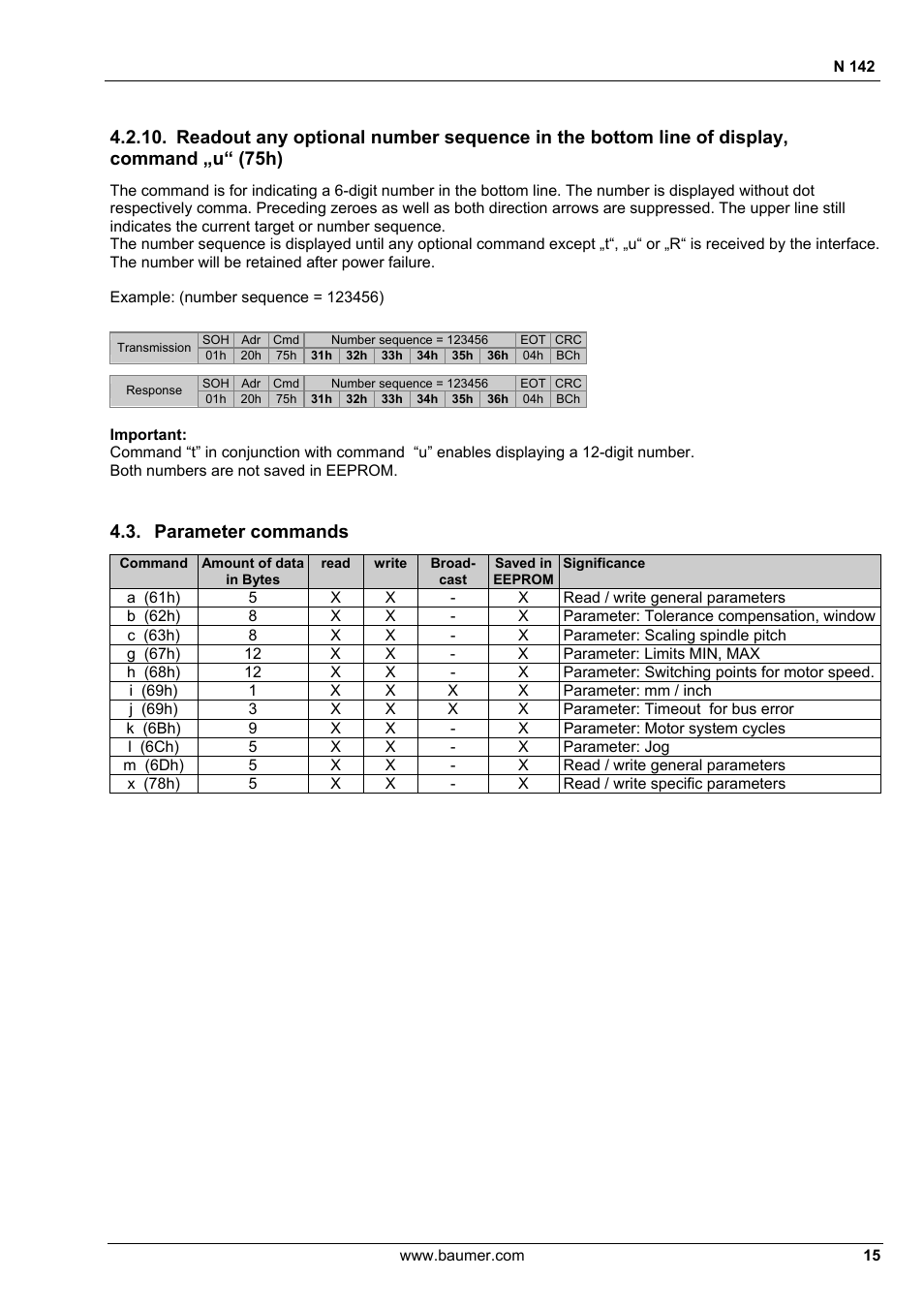 Parameter commands | Baumer N 142 User Manual | Page 15 / 32