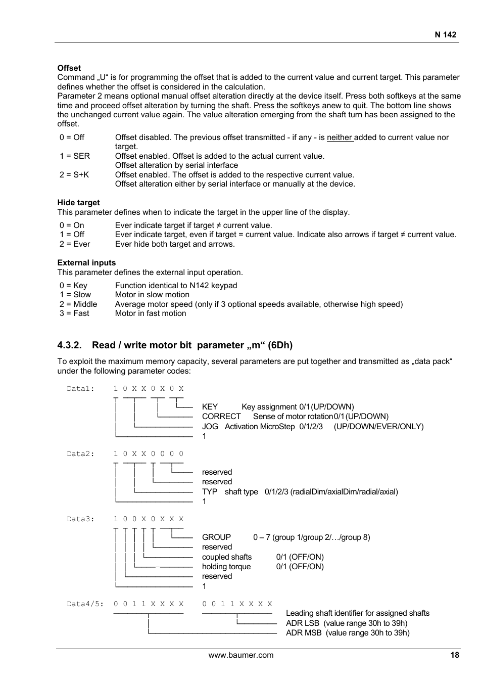 Read / write motor bit parameter „m“ (6dh) | Baumer N 142 User Manual | Page 18 / 32