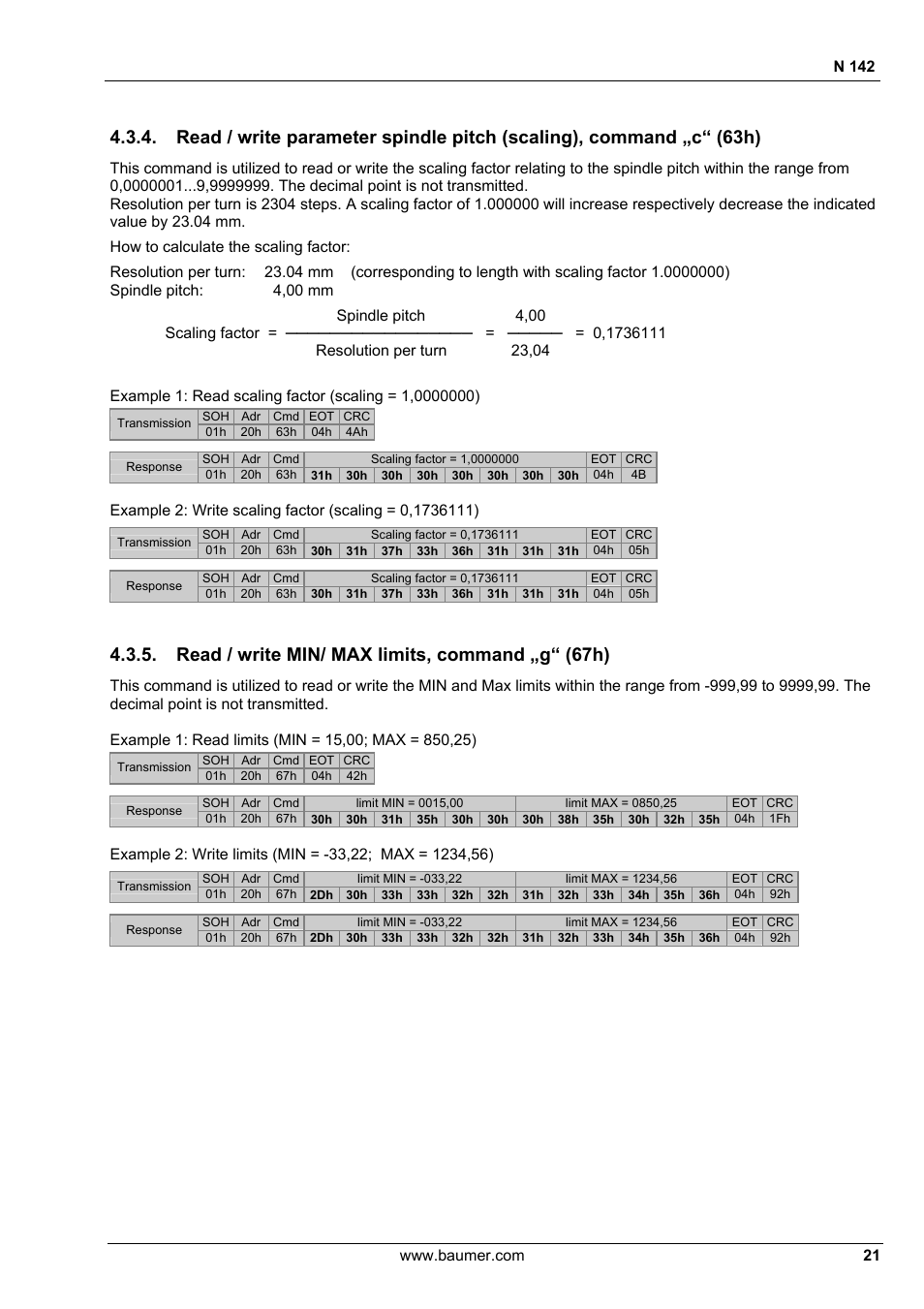 Read / write min/ max limits, command „g“ (67h), N 142, How to calculate the scaling factor | Baumer N 142 User Manual | Page 21 / 32