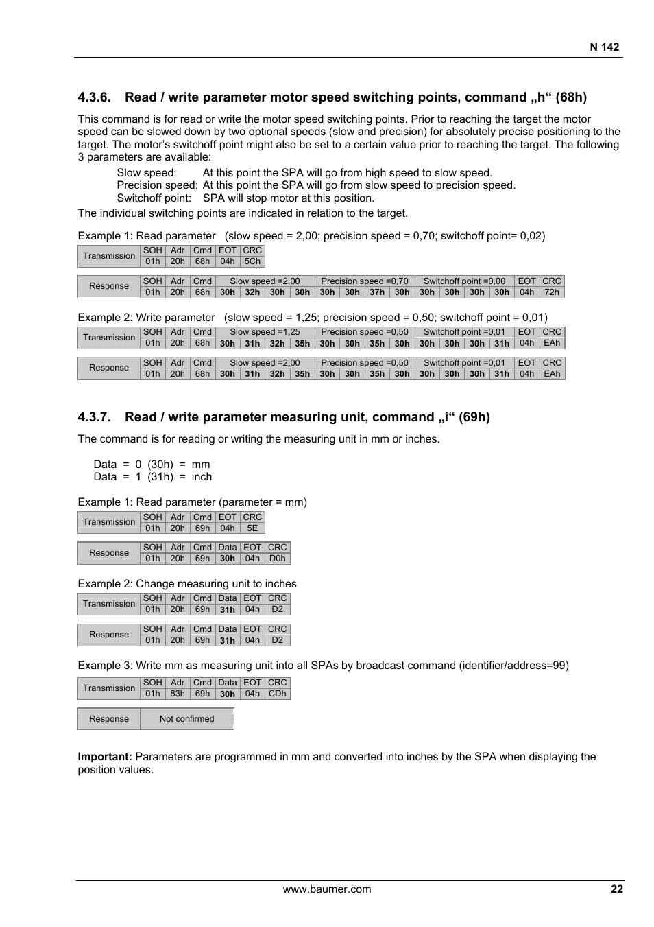 N 142, Example 2: change measuring unit to inches | Baumer N 142 User Manual | Page 22 / 32