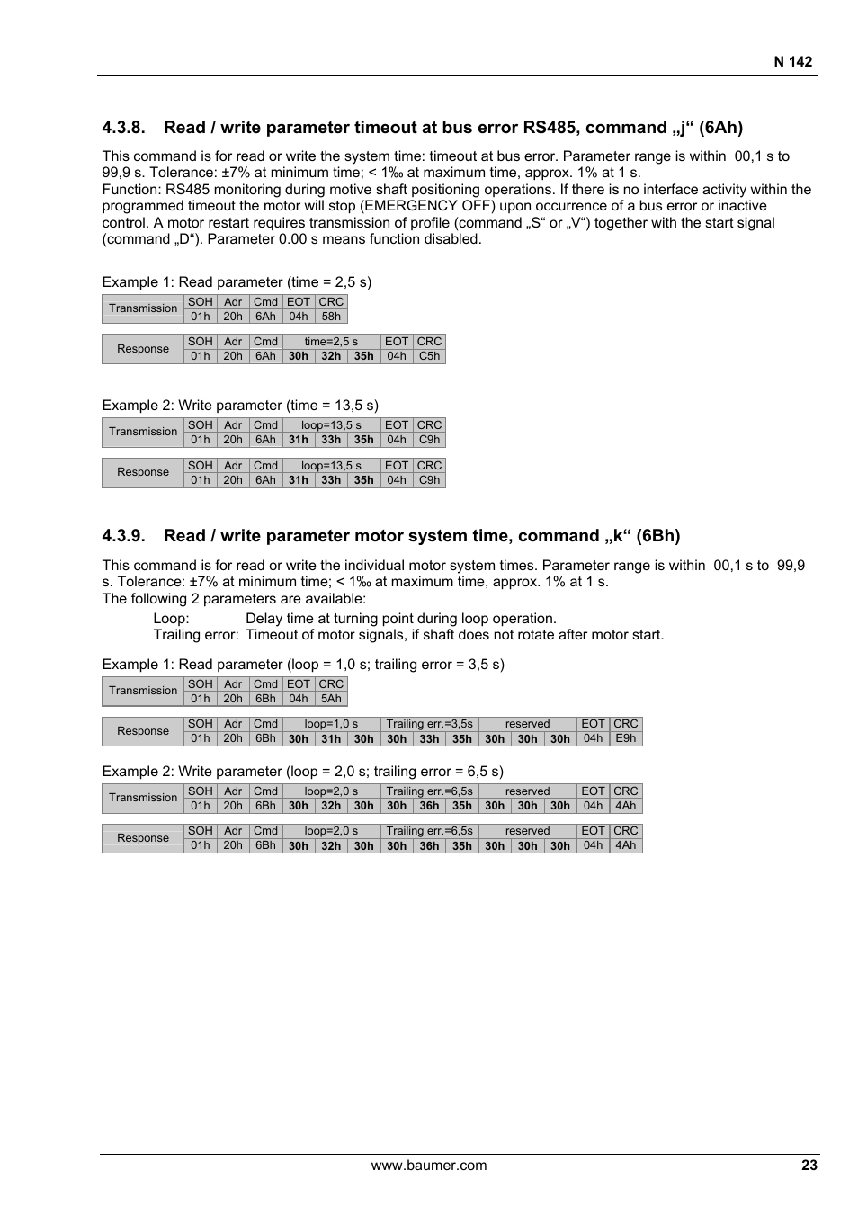 N 142, Example 1: read parameter (time = 2,5 s), Example 2: write parameter (time = 13,5 s) | Baumer N 142 User Manual | Page 23 / 32