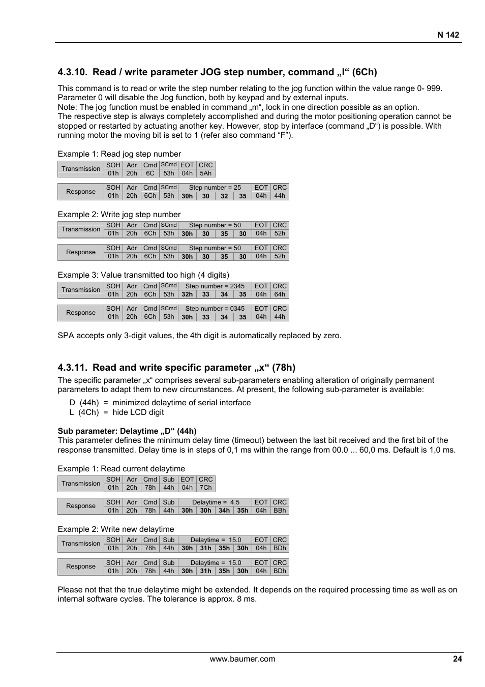Read and write specific parameter „x“ (78h), N 142, Example 2: write jog step number | Example 3: value transmitted too high (4 digits), Example 2: write new delaytime | Baumer N 142 User Manual | Page 24 / 32