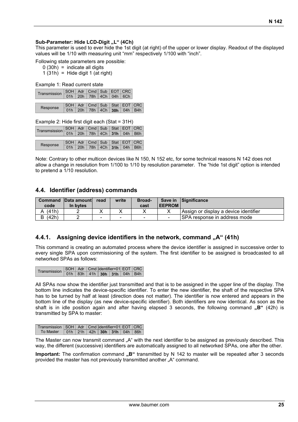 Identifier (address) commands | Baumer N 142 User Manual | Page 25 / 32