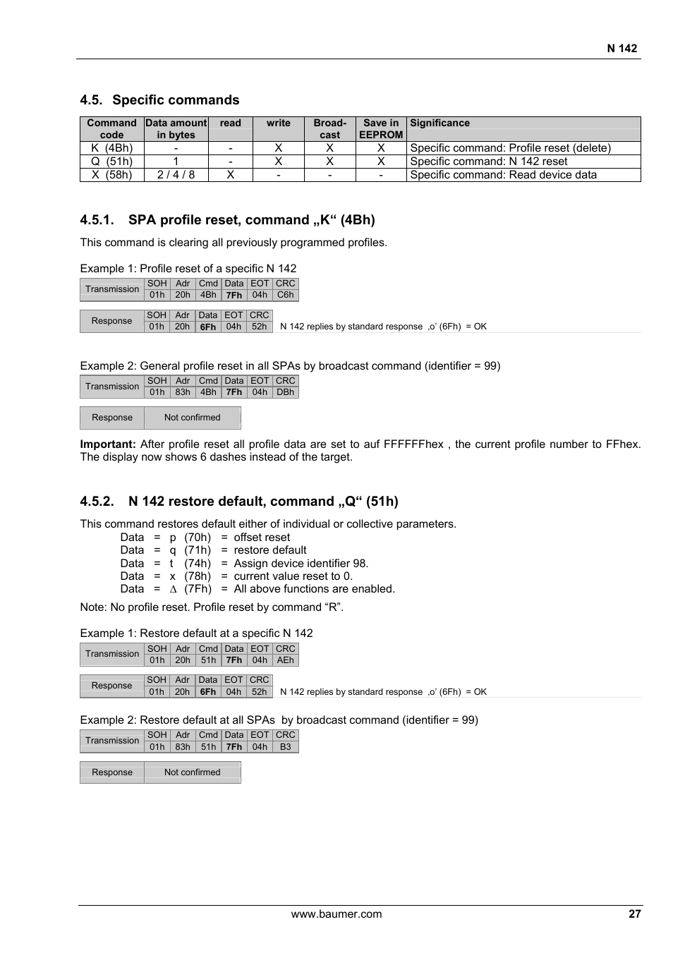 Specific commands, Spa profile reset, command „k“ (4bh) | Baumer N 142 User Manual | Page 27 / 32