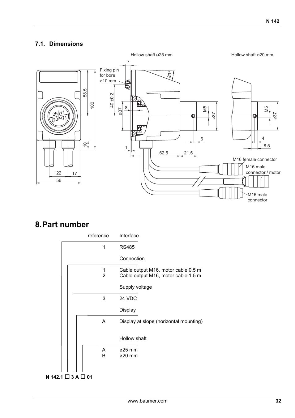 Part number, Dimensions | Baumer N 142 User Manual | Page 32 / 32