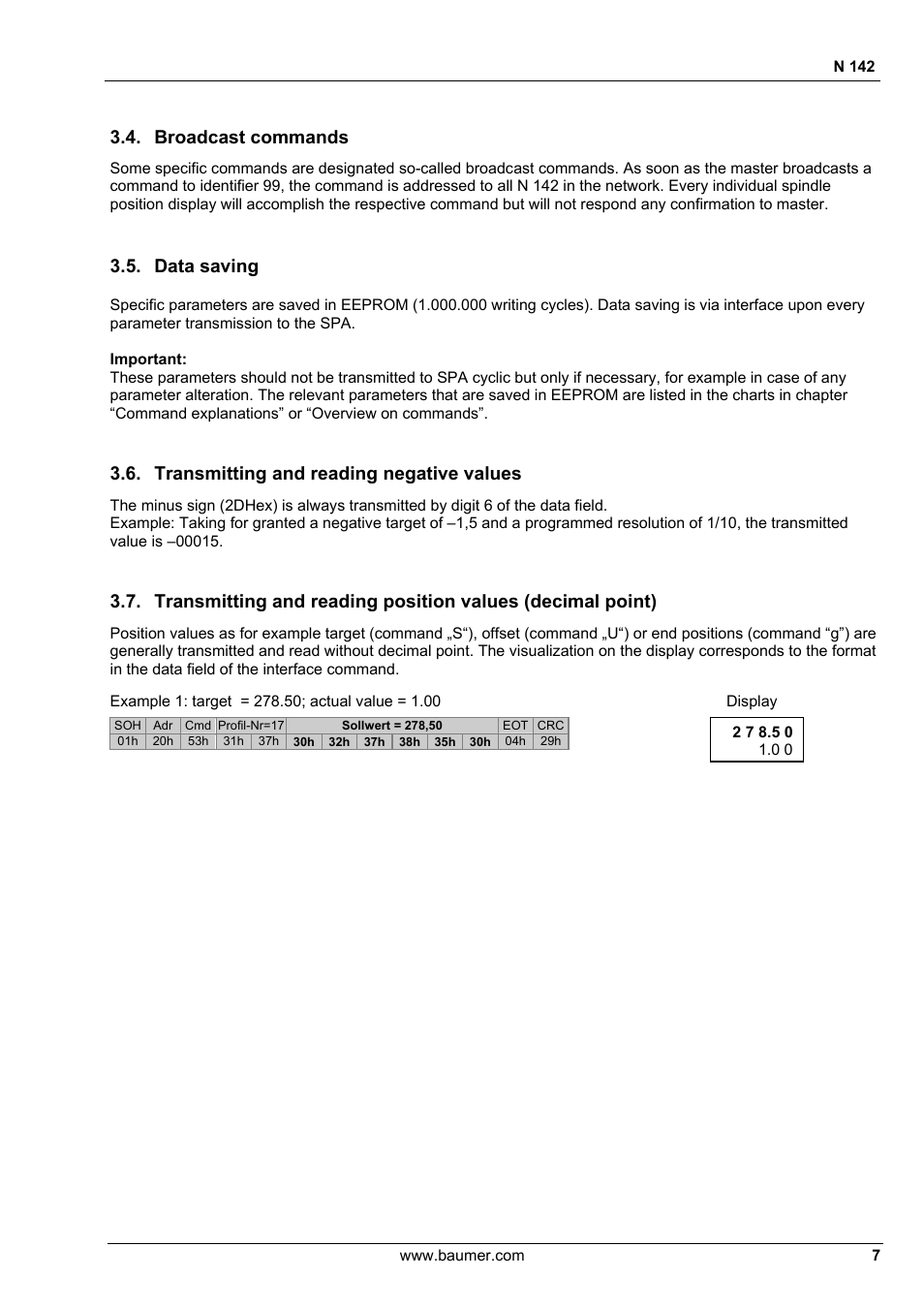 Broadcast commands, Data saving, Transmitting and reading negative values | Baumer N 142 User Manual | Page 7 / 32