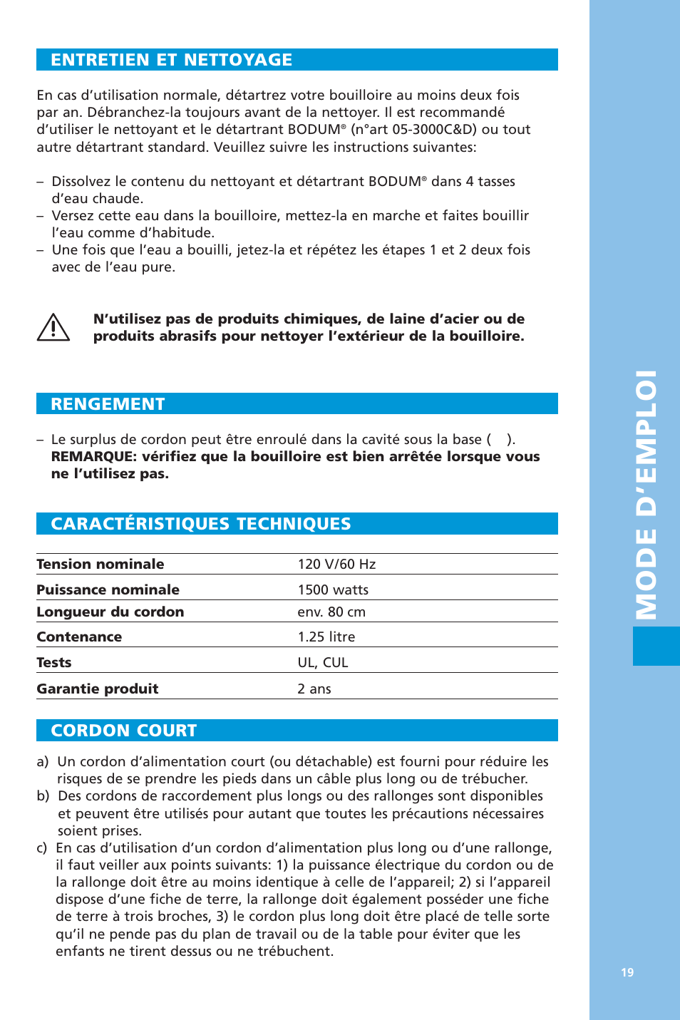 Mode d’emploi, Entretien et nettoyage, Rengement | Caractéristiques techniques, Cordon court | Bodum 5057 User Manual | Page 19 / 26