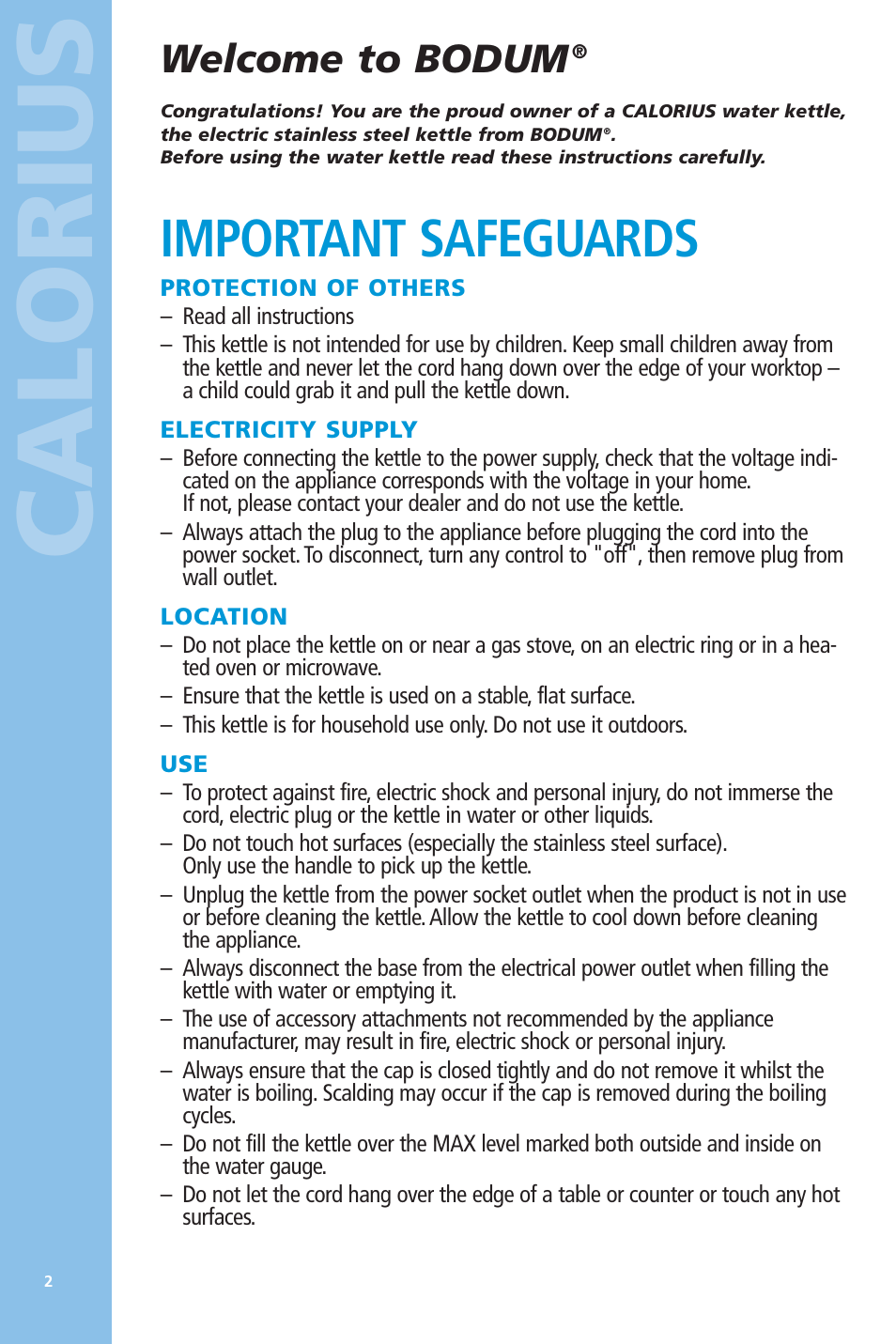 Calorius, Important safeguards, Welcome to bodum | Bodum 5057 User Manual | Page 2 / 26