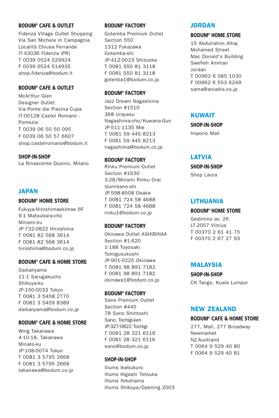 Japan, Jordan, Kuwait | Latvia, Lithuania, Malaysia, New zealand | Bodum 5057 User Manual | Page 22 / 26