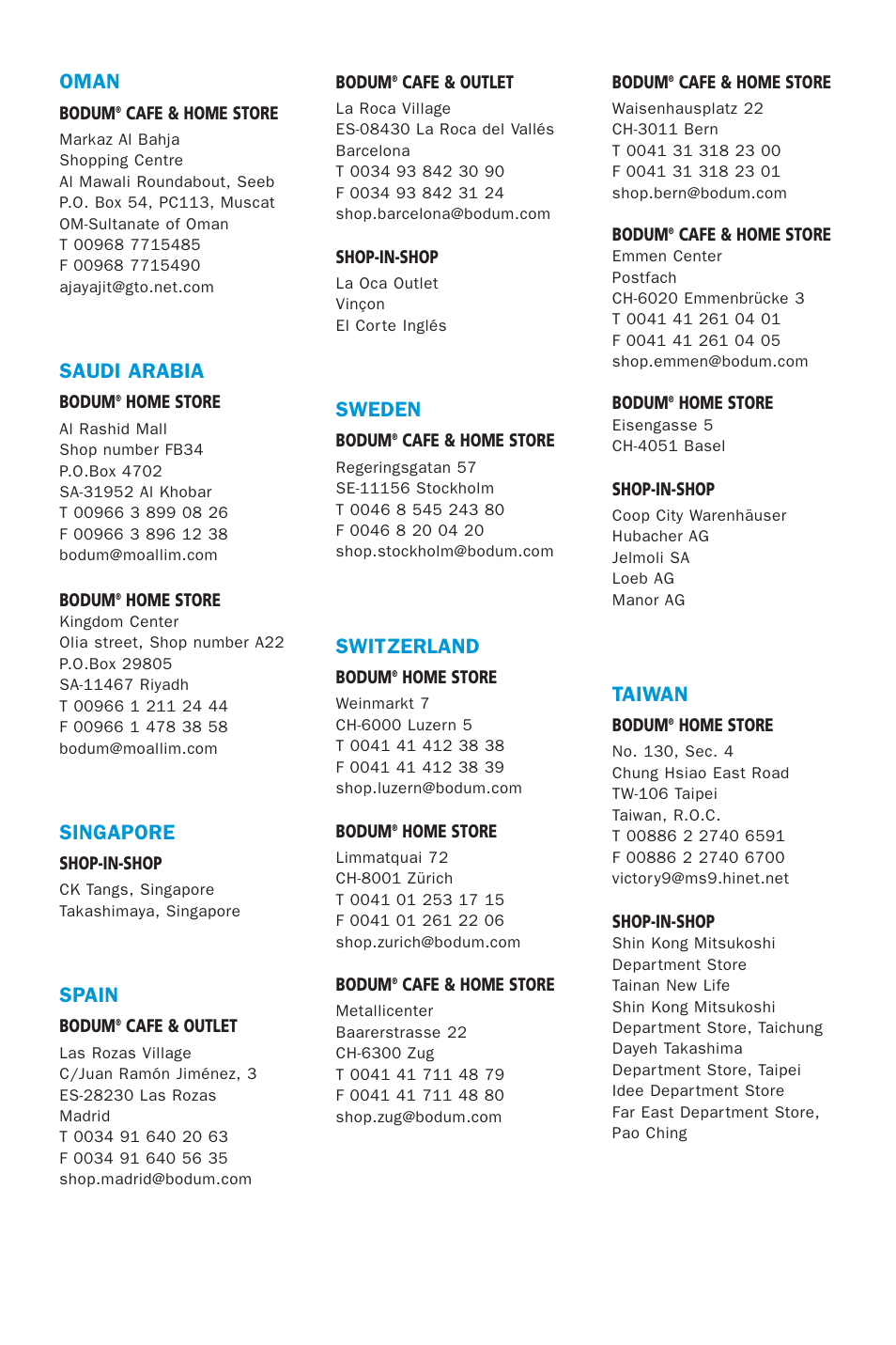Oman, Saudi arabia, Singapore | Spain, Sweden, Switzerland, Taiwan | Bodum 5057 User Manual | Page 23 / 26