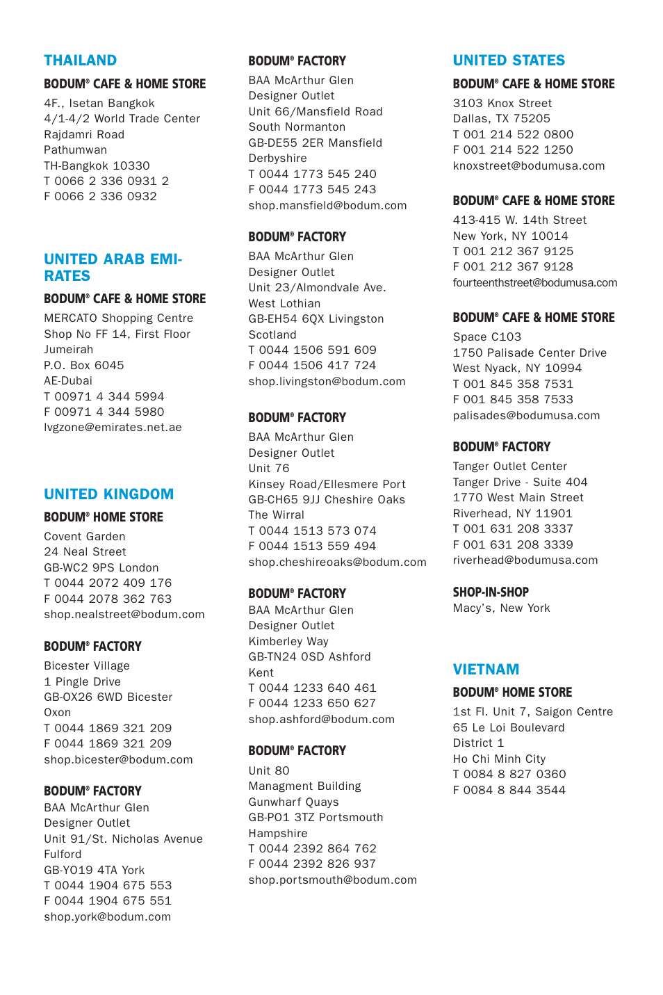 Thailand, United arab emi- rates, United kingdom | United states, Vietnam | Bodum 5057 User Manual | Page 24 / 26