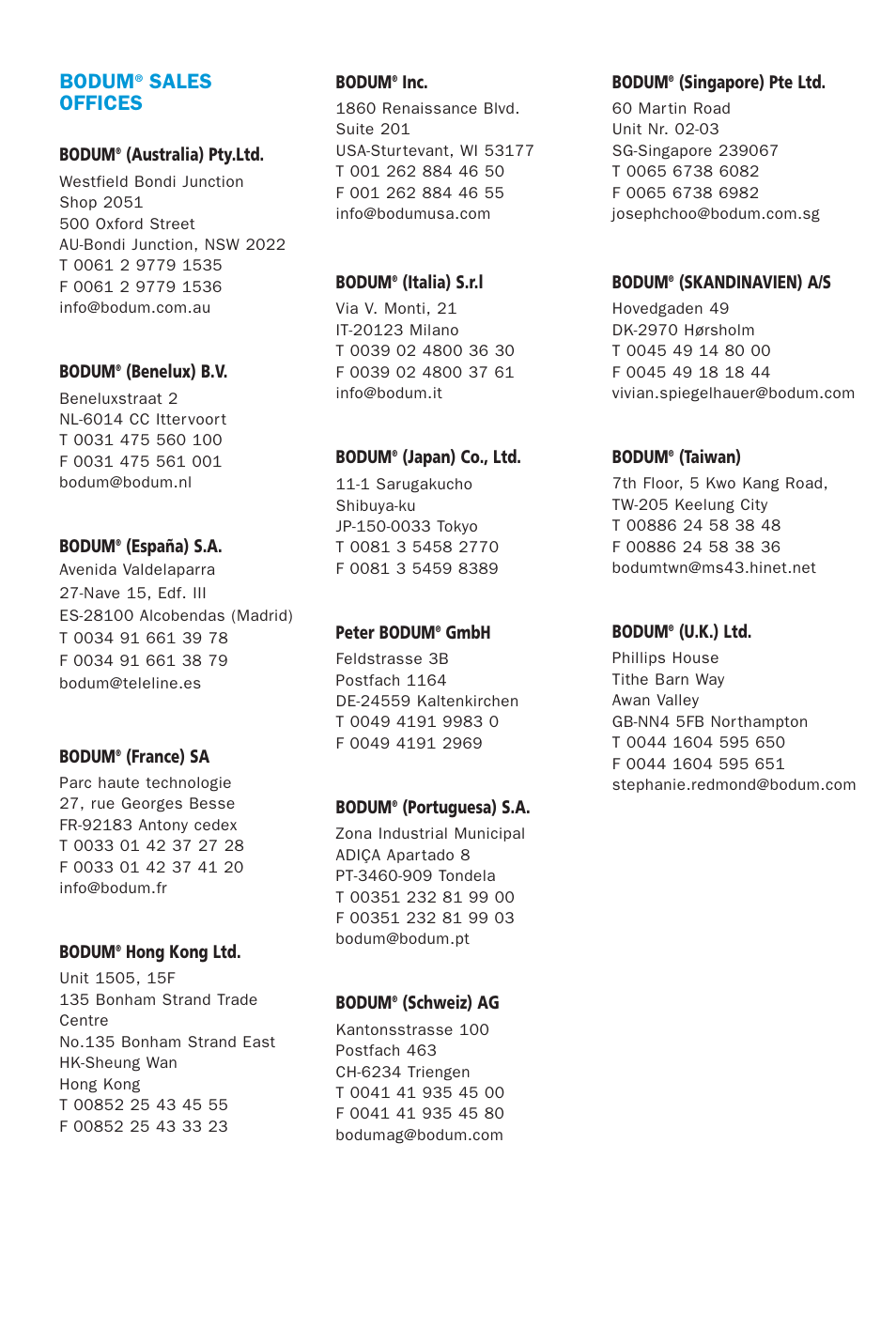 Bodum, Sales offices | Bodum 5057 User Manual | Page 25 / 26