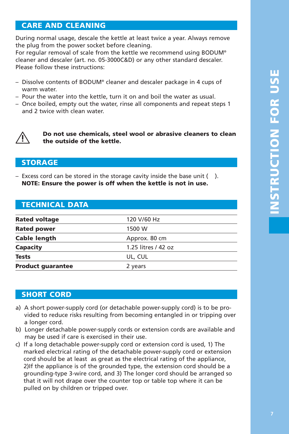 Instruction for use, Care and cleaning, Storage | Technical data, Short cord | Bodum 5057 User Manual | Page 7 / 26