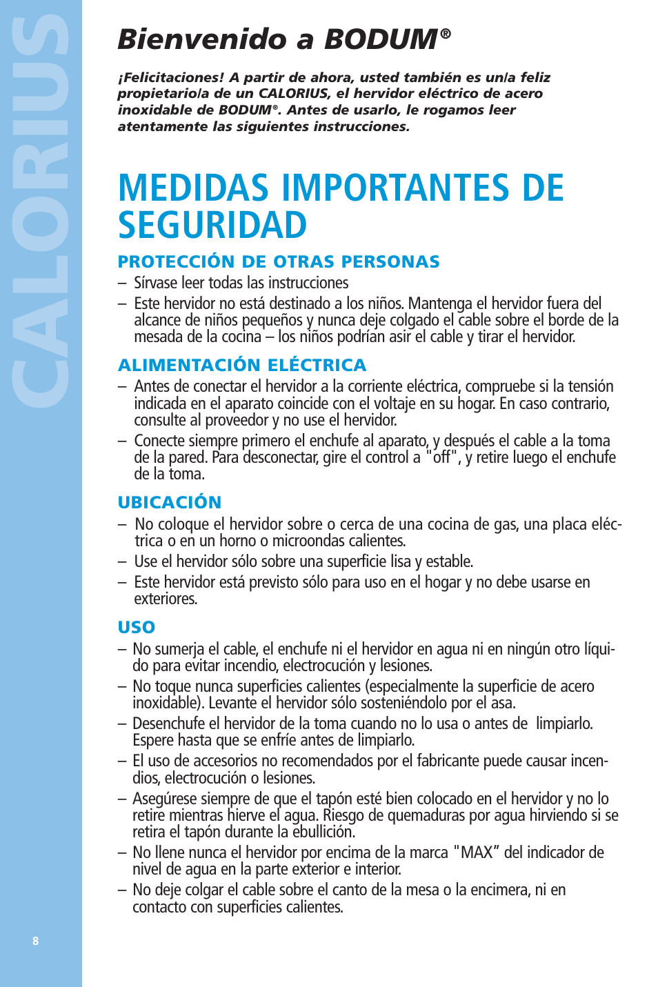 Calorius, Medidas importantes de seguridad, Bienvenido a bodum | Bodum 5057 User Manual | Page 8 / 26